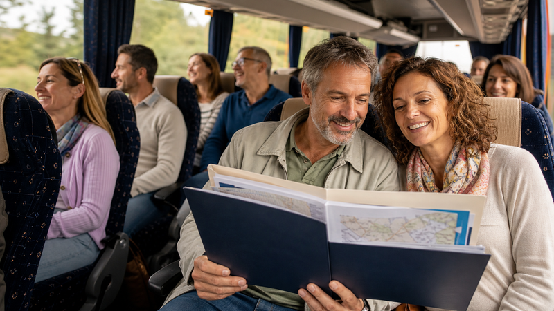 Porta voucher per pellegrinaggio con programma, mappe e documenti di viaggio