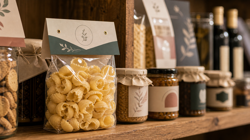 Prodotti alimentari artigianali confezionati in sacchetti con cavallotti personalizzati