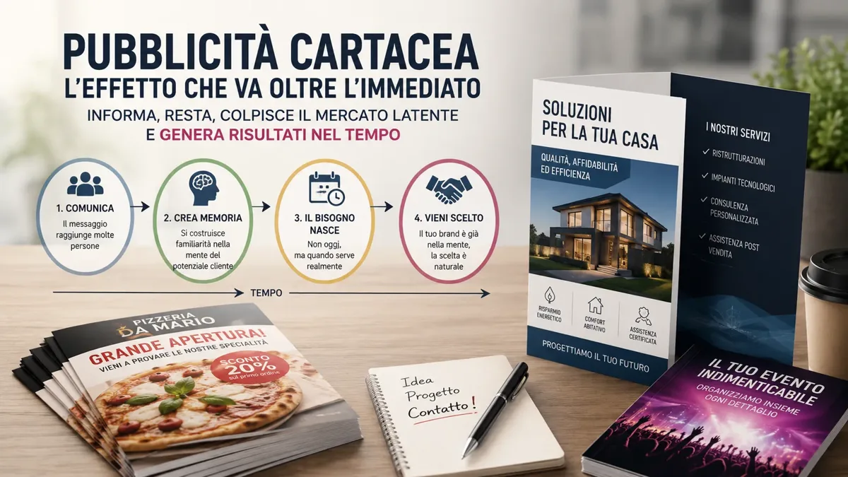 Materiale pubblicitario stampato conservato su una scrivania