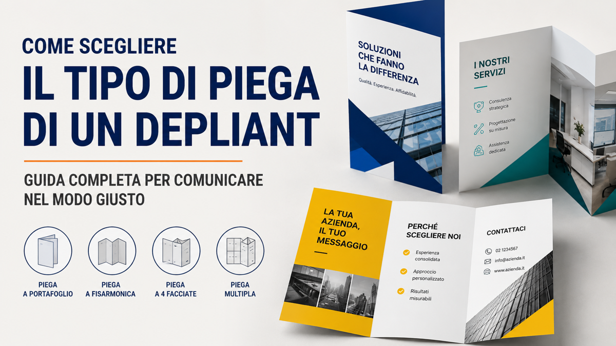 Depliant aperti con diversi tipi di piega disposti su un tavolo