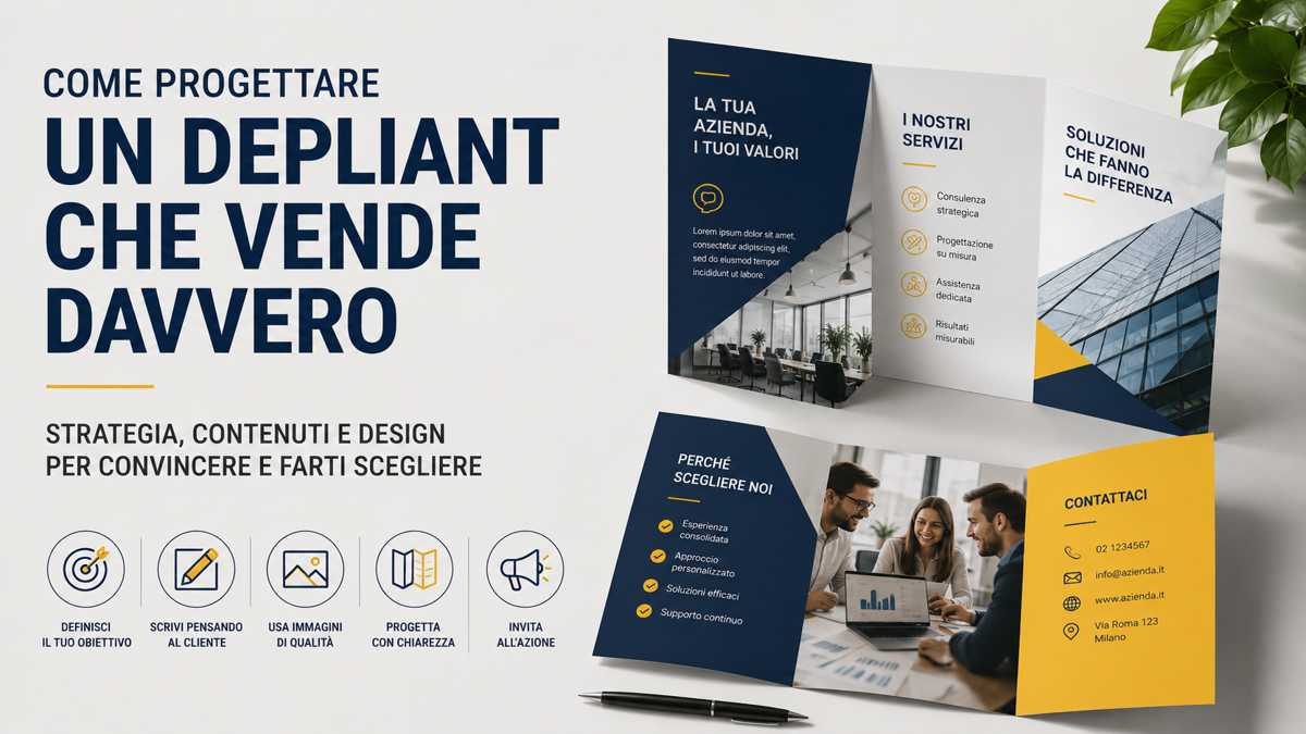 Depliant aperto su una scrivania durante la progettazione grafica