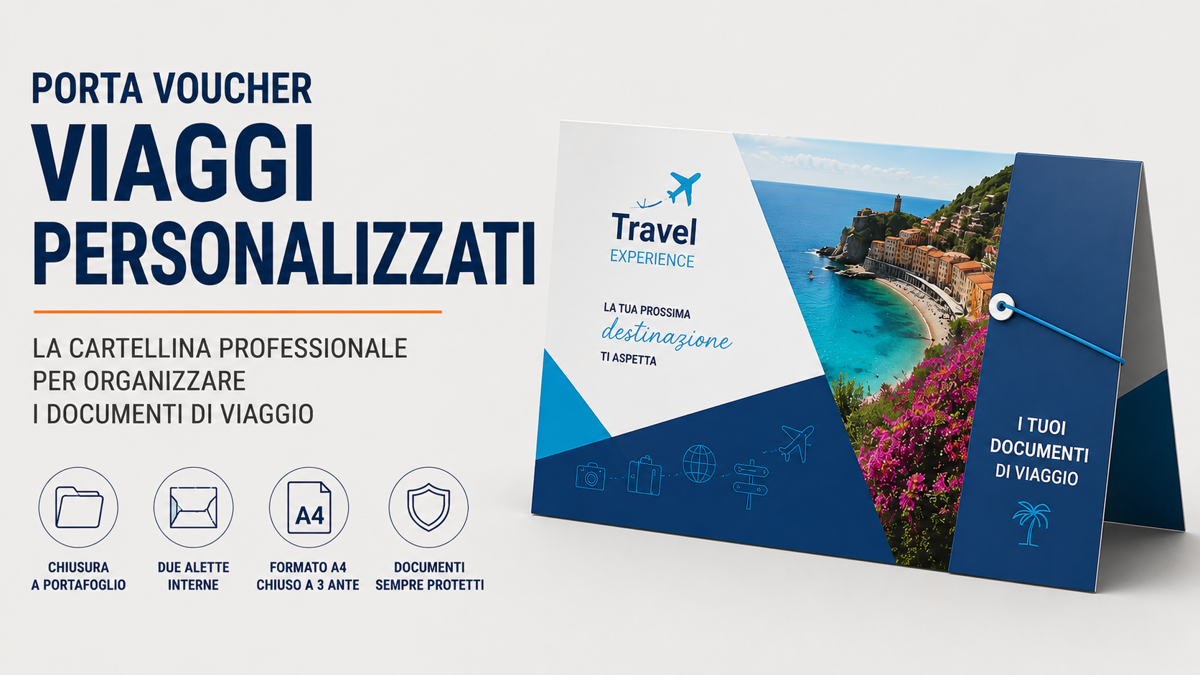 Porta voucher viaggio personalizzato con documenti turistici ordinati all'interno