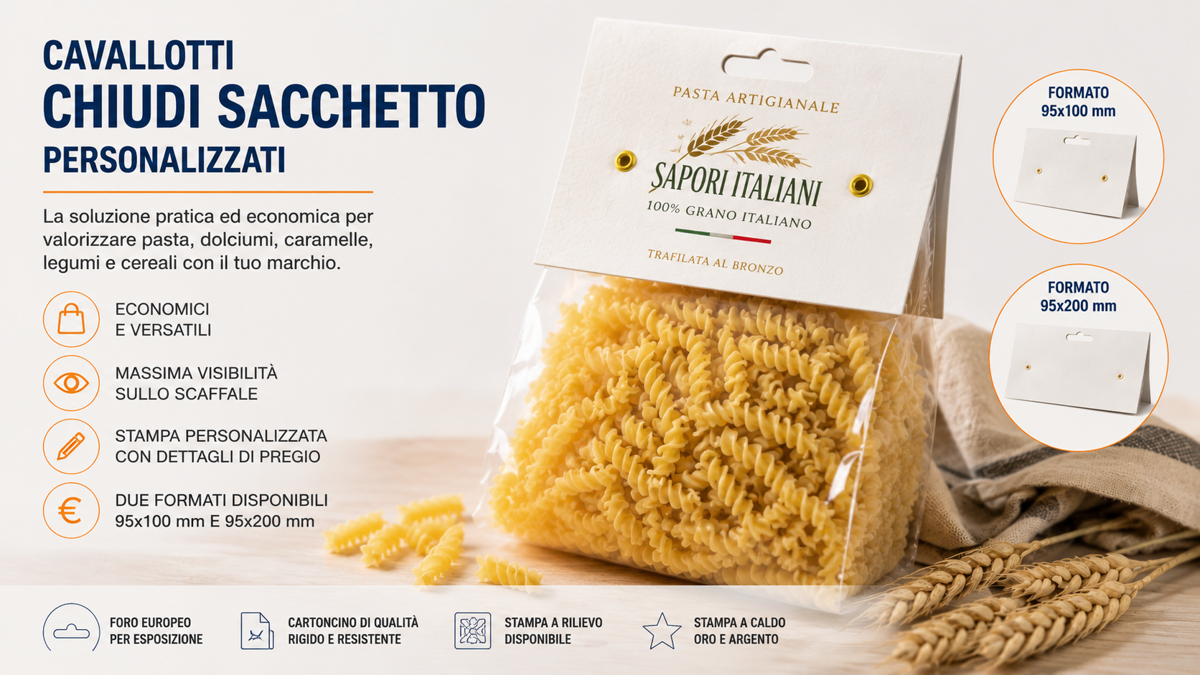 Sacchetti alimentari con cavallotti chiudi sacchetto personalizzati su uno scaffale
