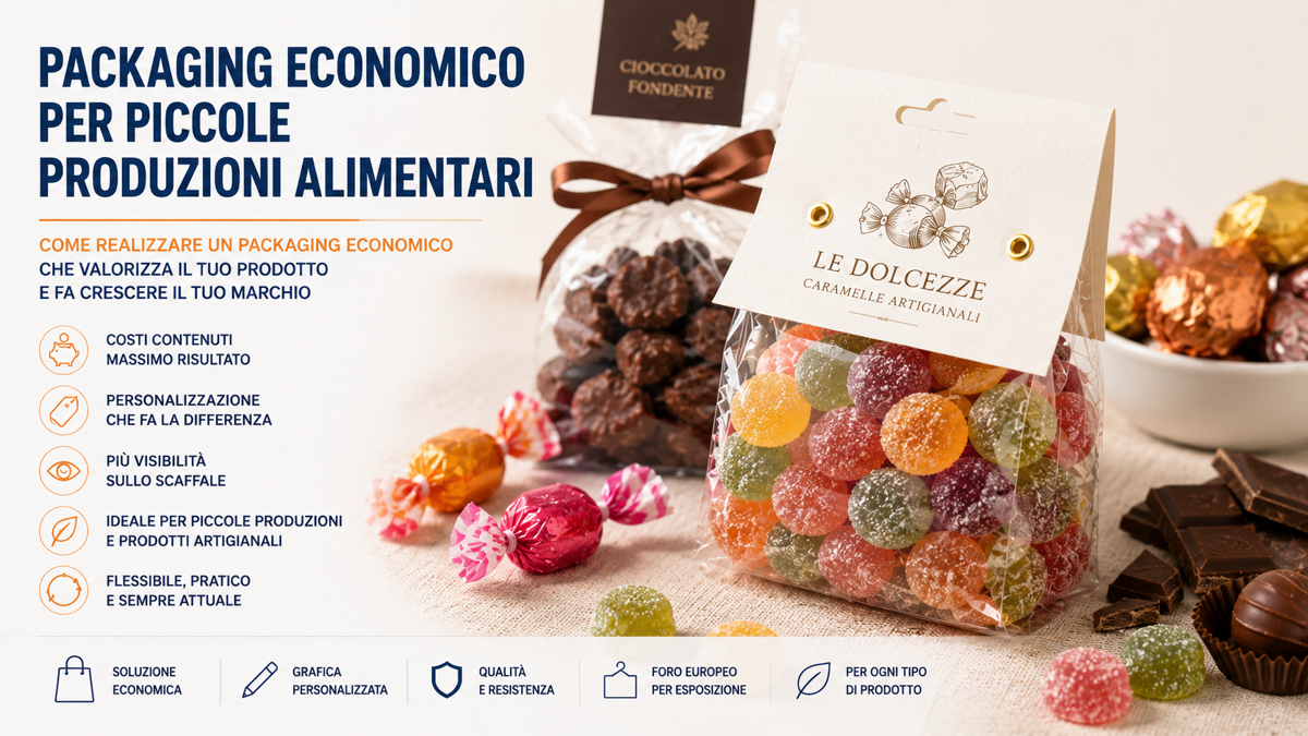 Sacchetti alimentari artigianali con cavallotti personalizzati su scaffale gourmet